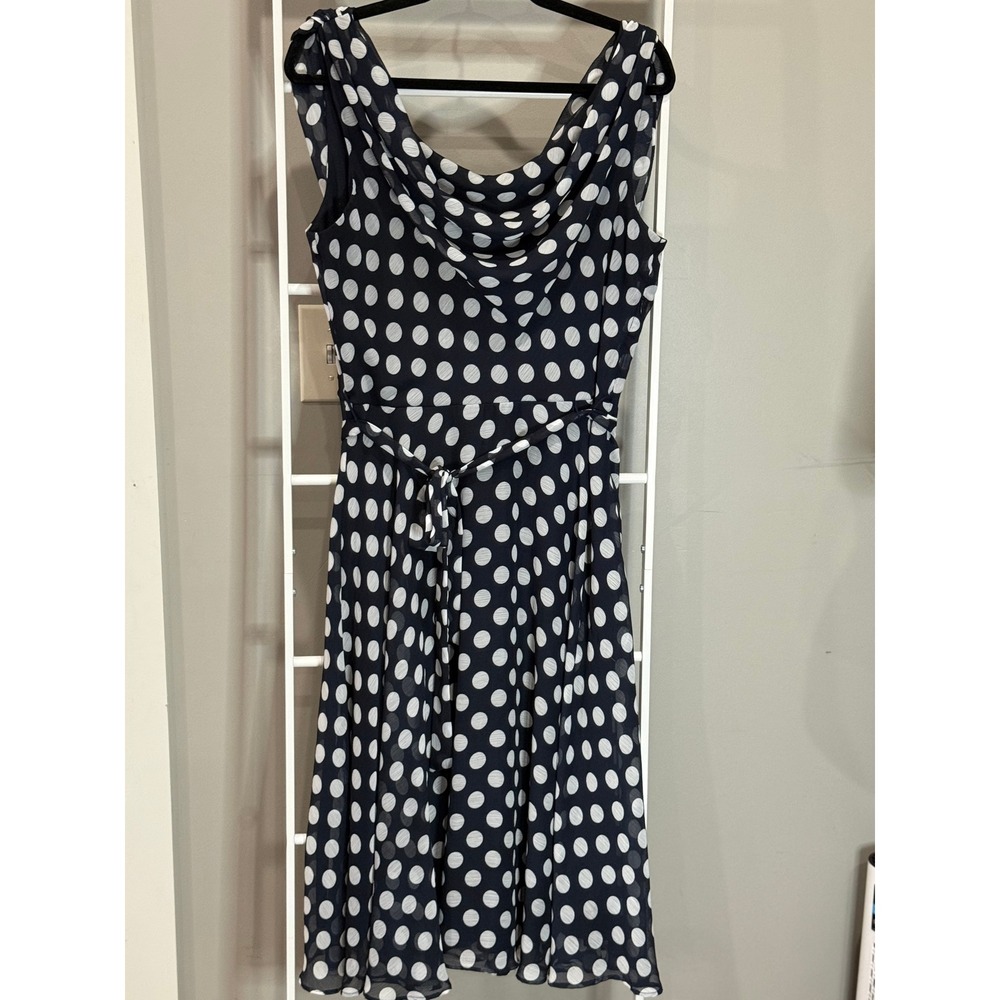 MSK Womens Navy Blue White Polka Dot Cowl Neck Belted Midi Dress 12 Old Money
